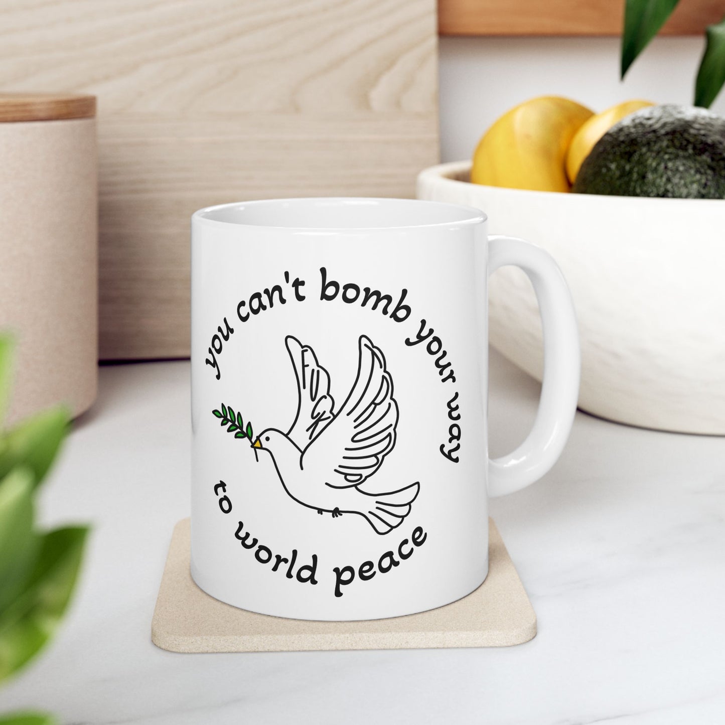 Bombs for Peace Dove with Olive Branch Mug | Inspirational Quote Ceramic Mug