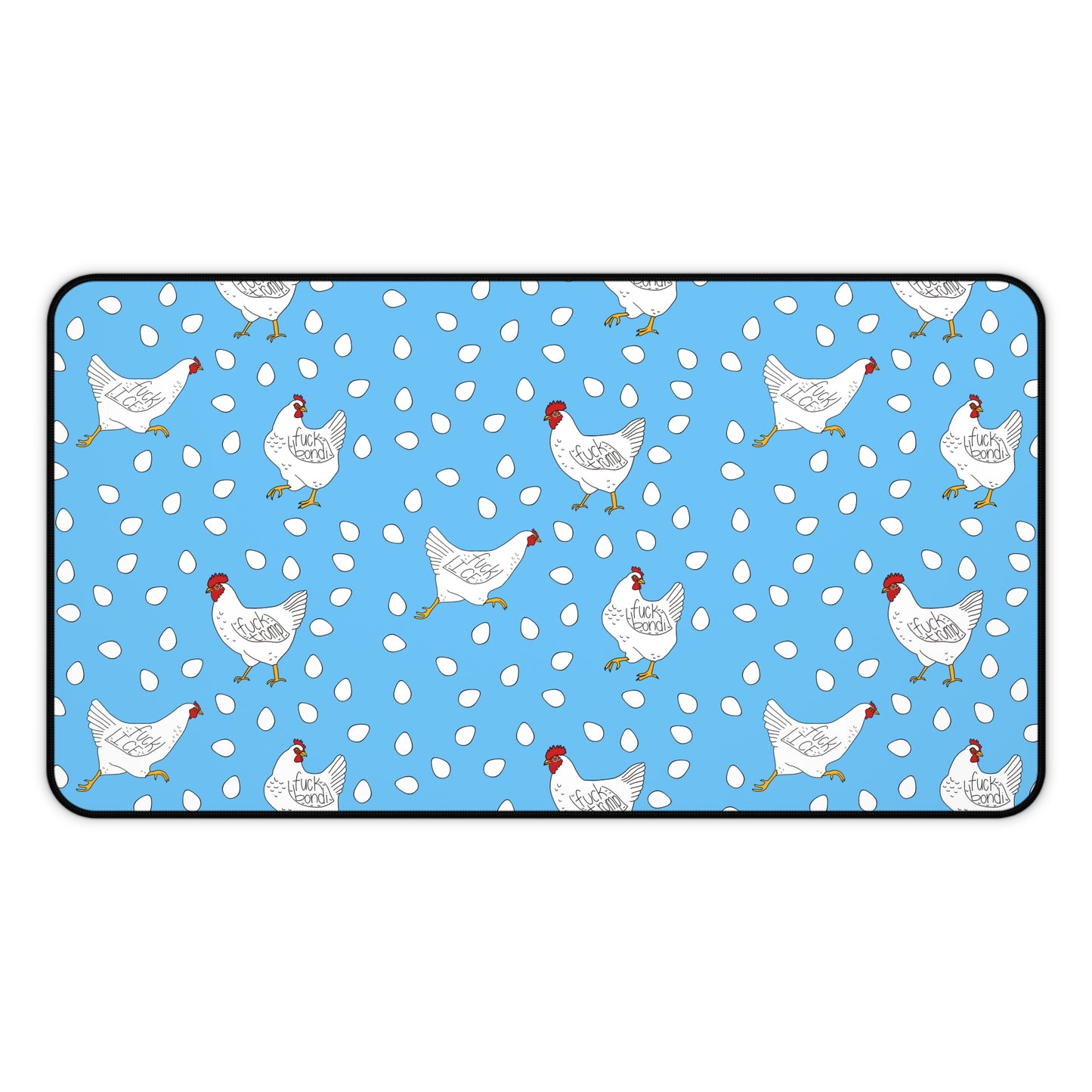 Slightly Subtle White Hen Pattern Desk Mat | Blue Chicken Eggs Pet Food Mat
