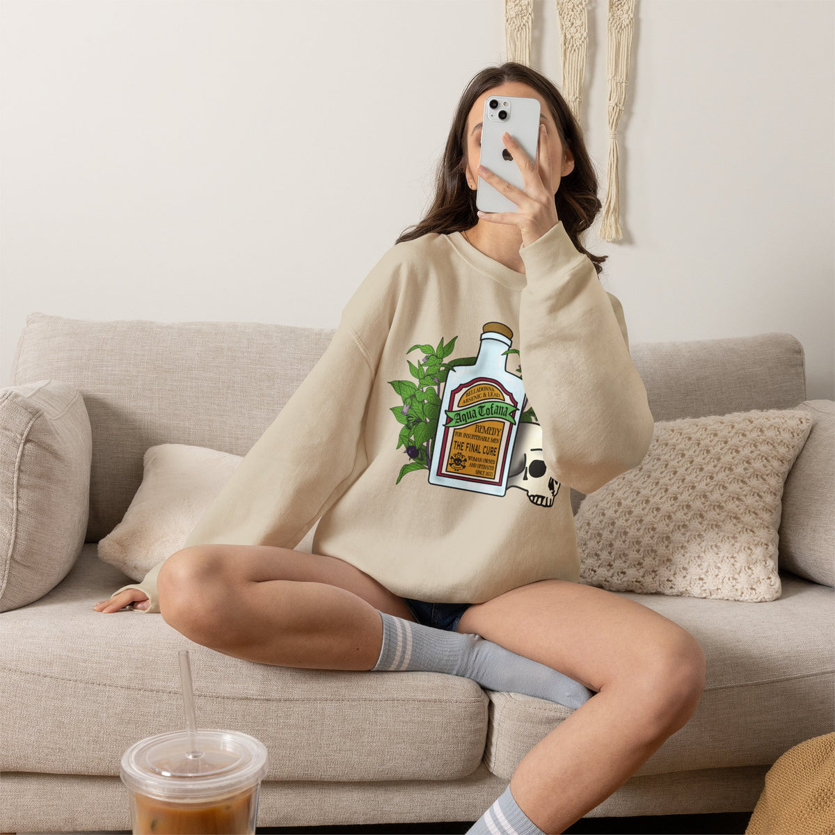 Crewneck Sweatshirt Aqua Tofana Apothecary Bottle & Skull Graphic