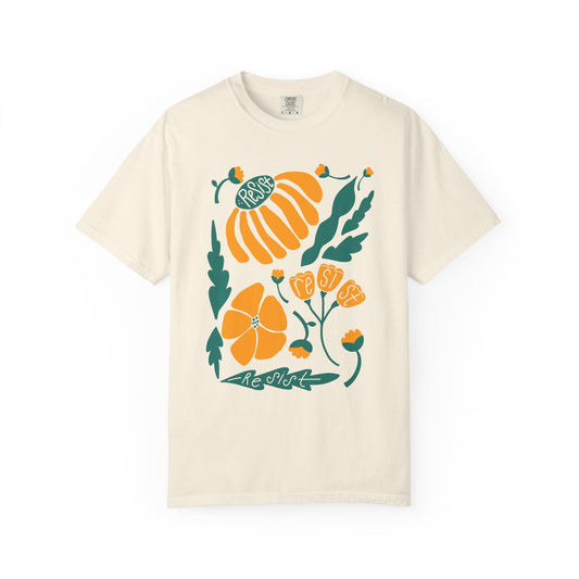 Floral Resist Tee — Retro Orange & Green Autumn Graphic T-Shirt