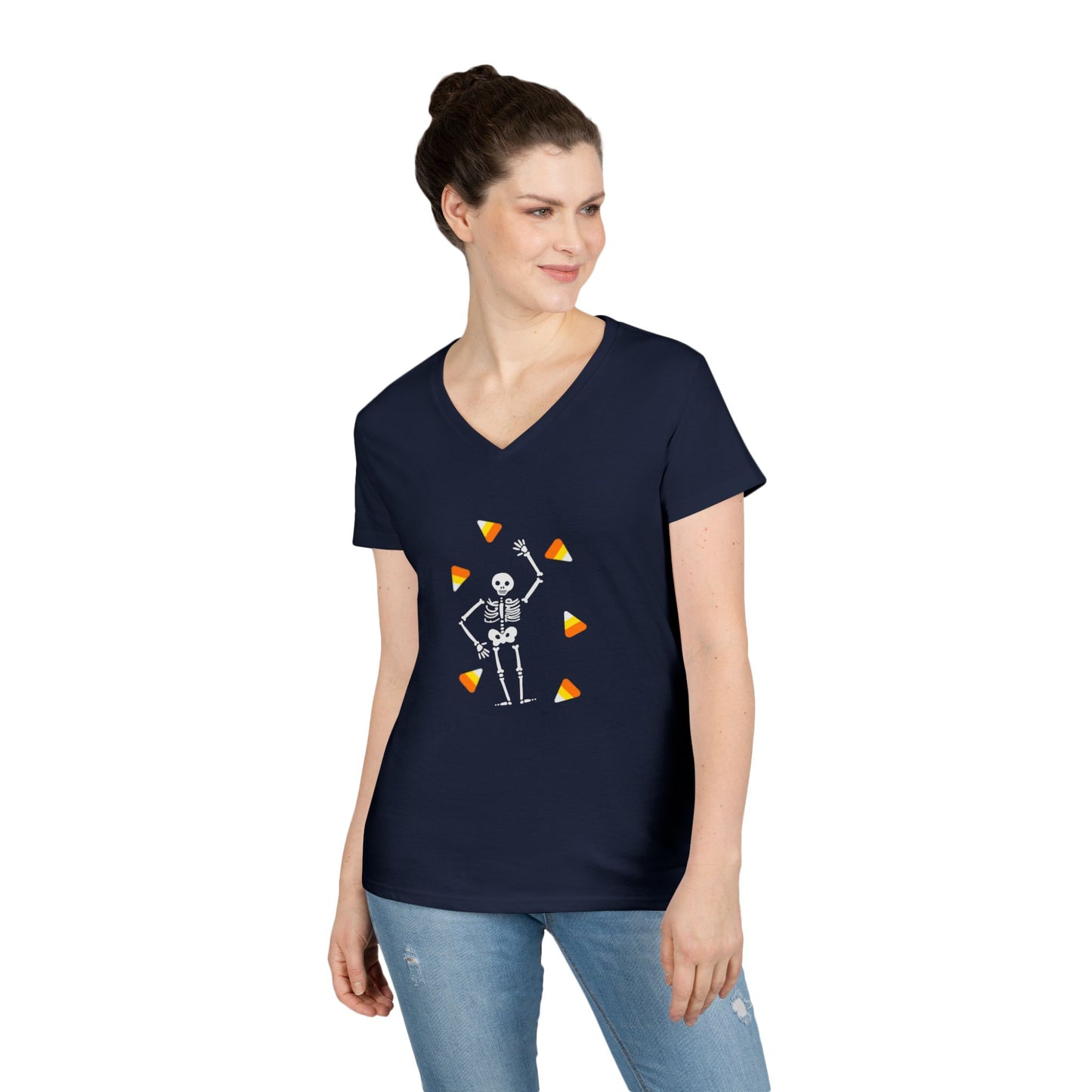 Skeleton & Candy Corn V-Neck Tee Cute Halloween T-Shirt