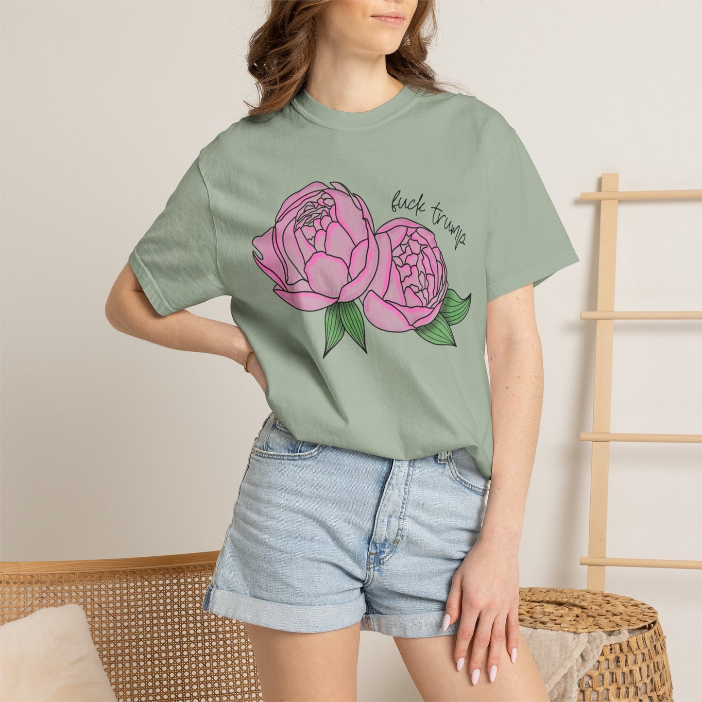 Slightly Subtle Pink Peony Floral Illustration T-shirt | Hand-drawn Blooms FDT
