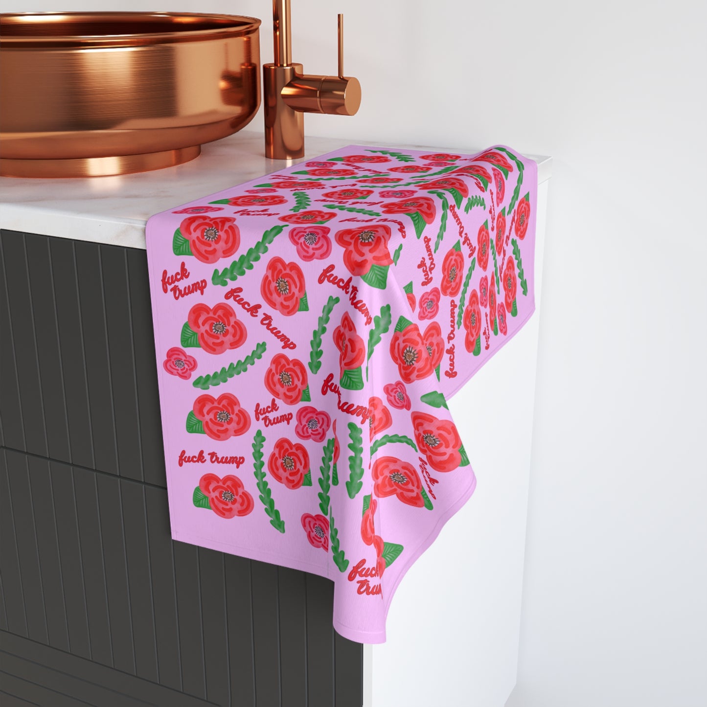 Subtle Red Poppies on Pink Hand Towel