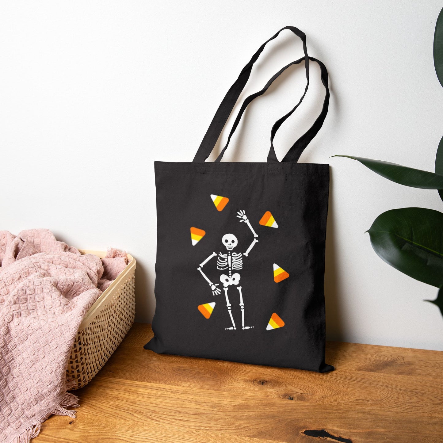 Halloween Candy Corn Skeleton Tote Bag Cute Spooky Canvas Trick or Treat