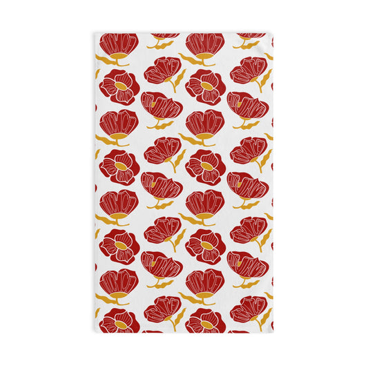 Slightly Subtle Red Poppy Floral Pattern Hand Towel | Botanical Kitchen or Bathroom Linen