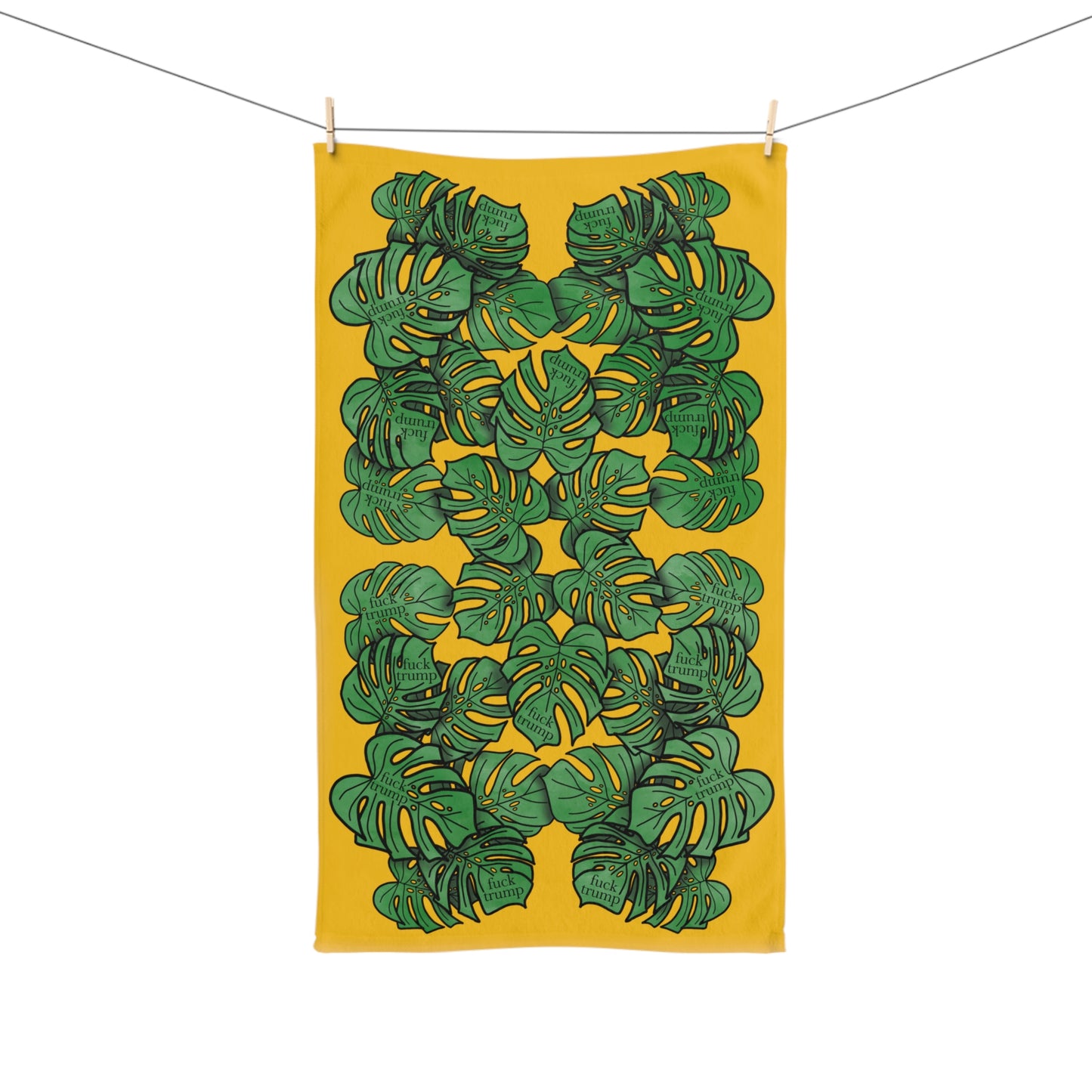 Slightly Subtle Tropical Monstera Yellow Hand Towel, Botanical Kitchen Bathroom Decor, Leafy Print Towel, Gift for Plant Lovers, Political Gag Gift