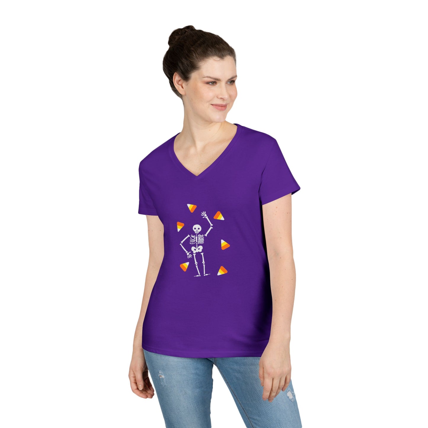 Skeleton & Candy Corn V-Neck Tee Cute Halloween T-Shirt