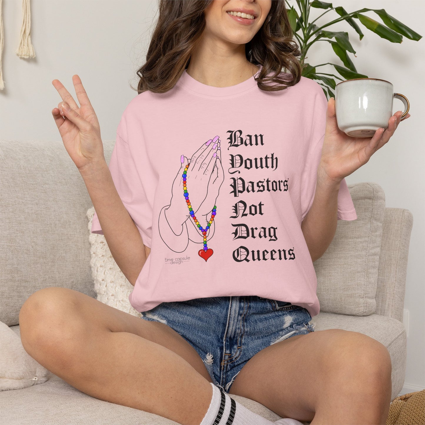 Ban South Pastors Not Drag Queens T-Shirt — Prayer Hands with Rainbow Rosary LGBTQ+ Ally Tee