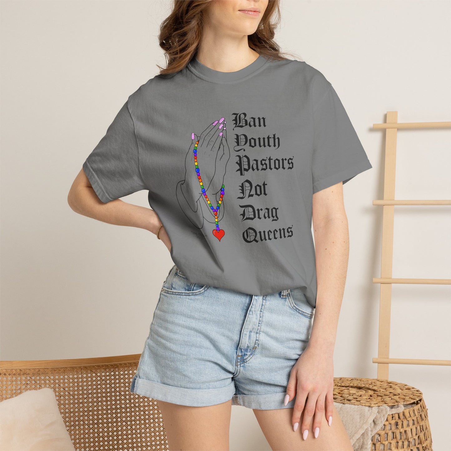 Ban South Pastors Not Drag Queens T-Shirt — Prayer Hands with Rainbow Rosary LGBTQ+ Ally Tee