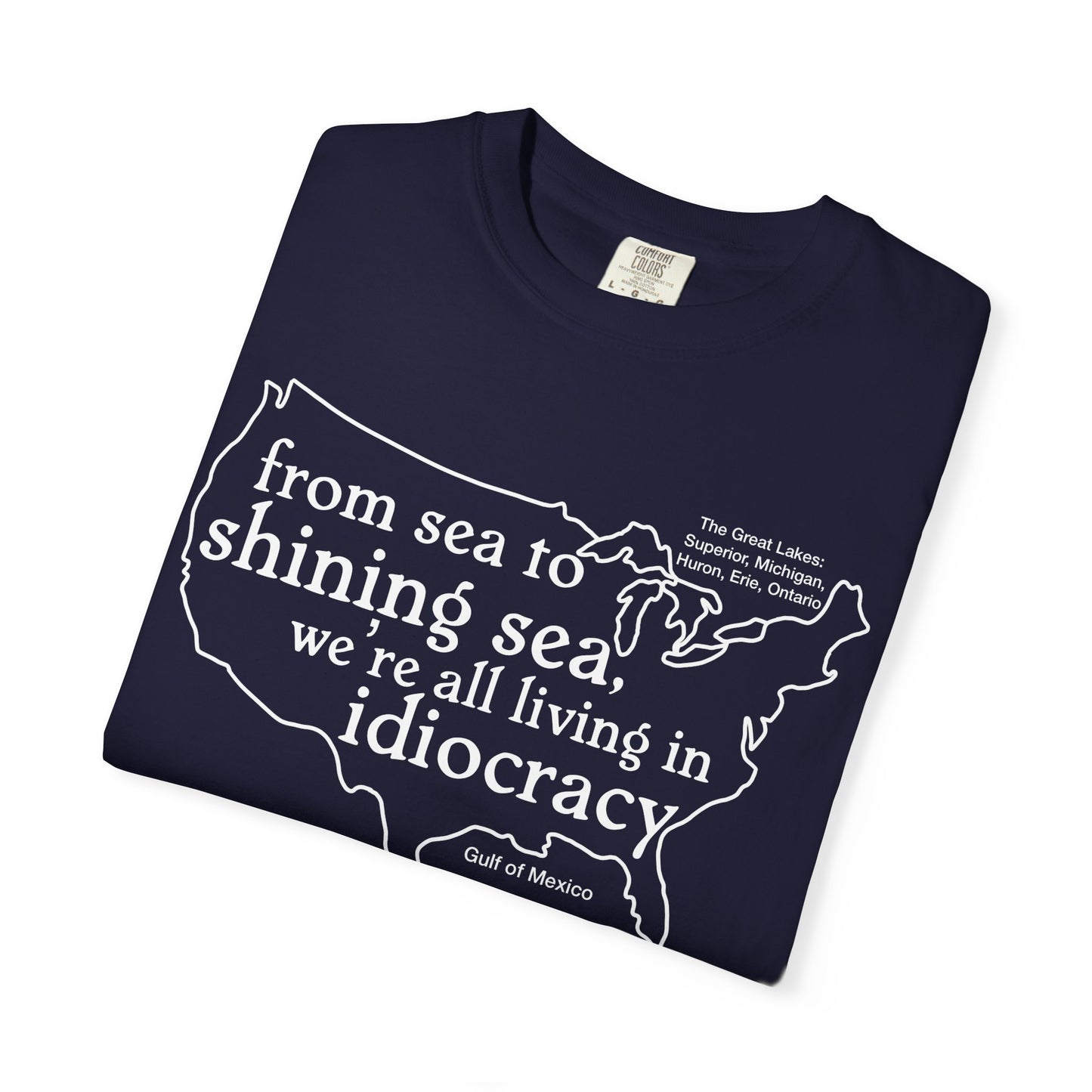 Idiocracy Map T-Shirt  'From sea to shining sea we are living in idiocracy' Minimal Political Tee Great Lakes Gulf of Mexico