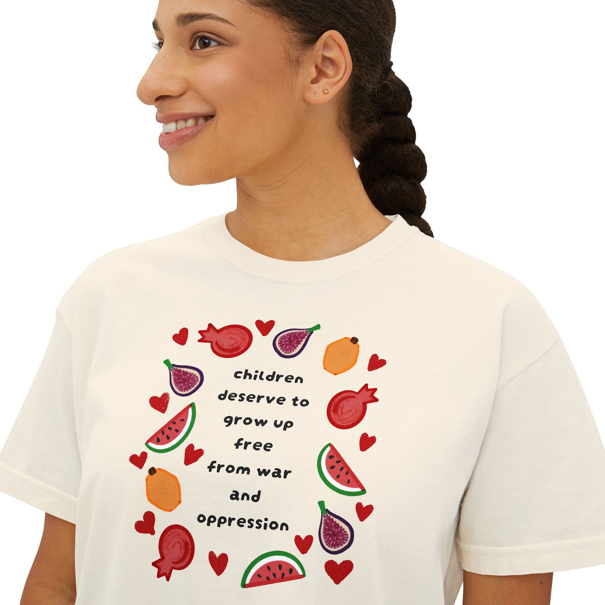 Women’s Boxy CROP Tee "Children Deserve to Grow Up Free From War and Oppression" Peaceful Fruit Graphic