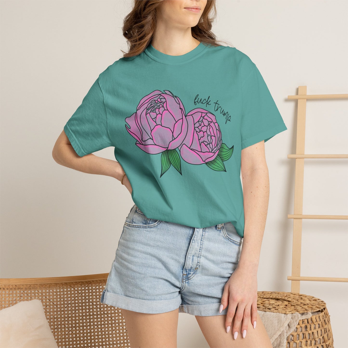 Slightly Subtle Pink Peony Floral Illustration T-shirt | Hand-drawn Blooms FDT