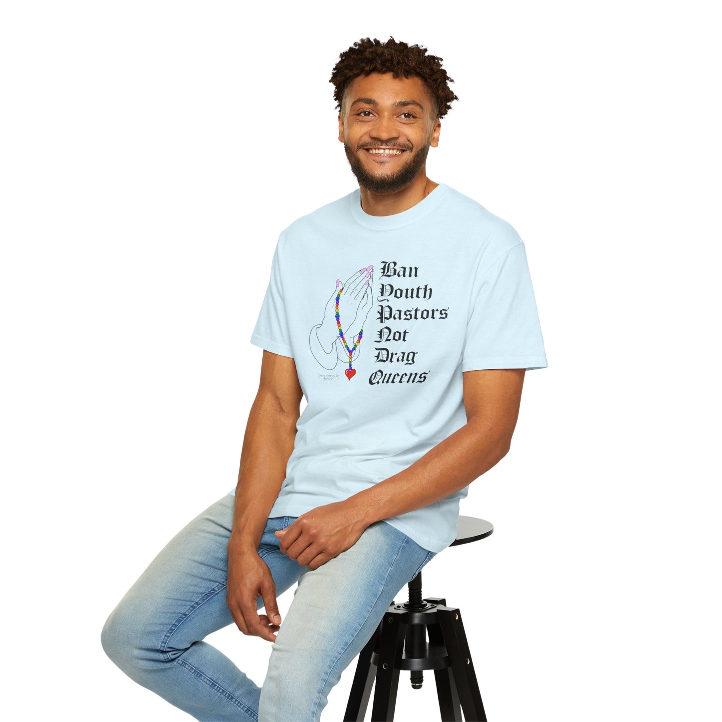 Ban South Pastors Not Drag Queens T-Shirt — Prayer Hands with Rainbow Rosary LGBTQ+ Ally Tee