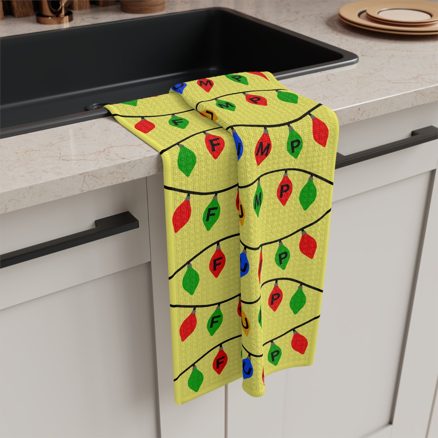 Holiday Light Tea Towel FDT Yellow String Lights Kitchen Towel