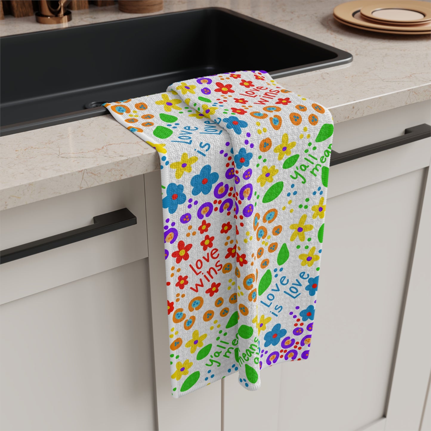 Slightly Subtle Love Wins Floral Pattern Microfiber Tea Towel | Rainbow Flowers Pride