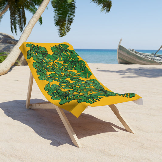 Slightly Subtle Yellow Monstera Tropical Leaf Beach Towel, Vibrant Sun-Soaked Fun Poolside Vibes, Vacation Must-Have, Gifts for Beach Lovers