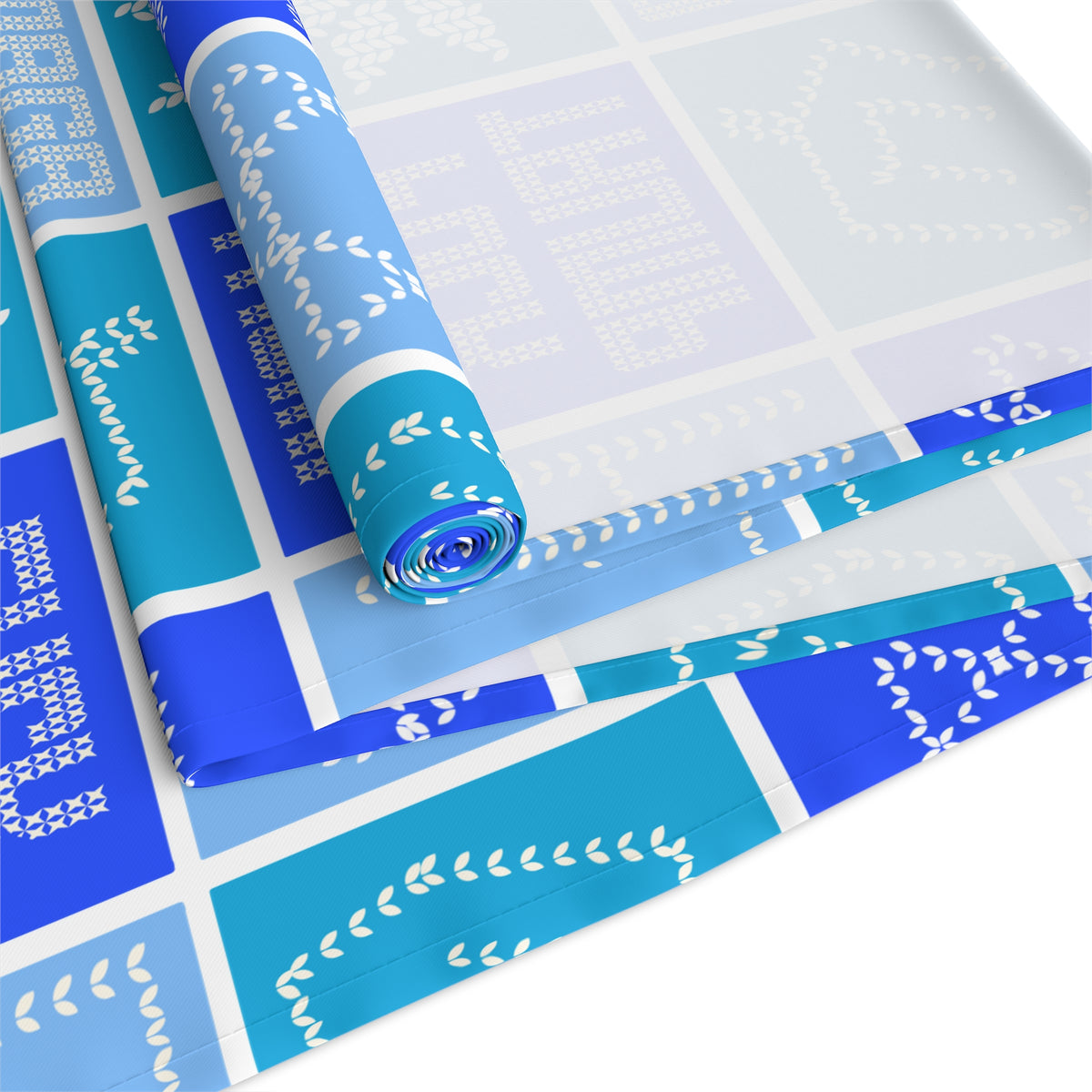 Hanukkah FDT Dreidel Patchwork Checkered Blue Winter Table Runner