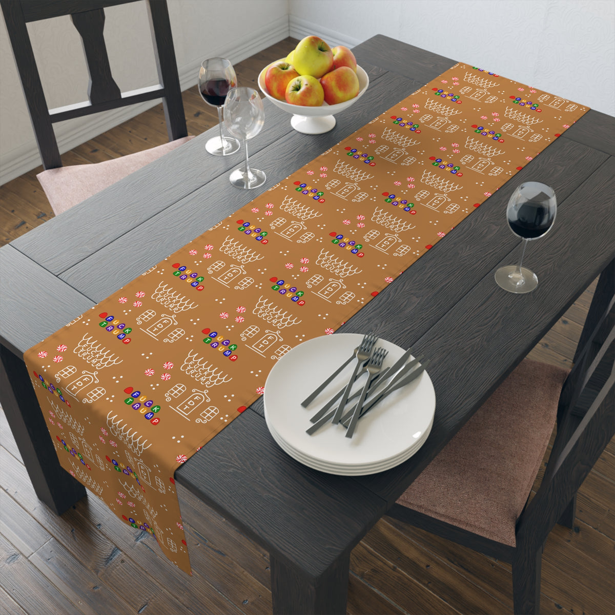 Gingerbread House Table Runner, Festive Cotton Runner for Holiday Decor, Christmas Table Decoration, Kitchen or Dining Table Accessory