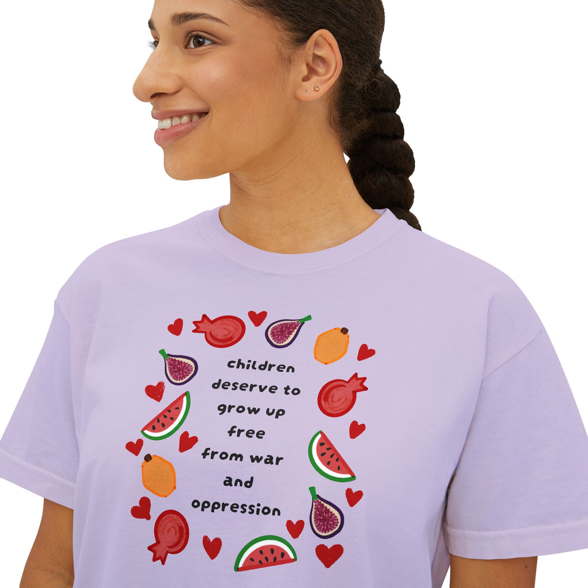 Women’s Boxy CROP Tee "Children Deserve to Grow Up Free From War and Oppression" Peaceful Fruit Graphic