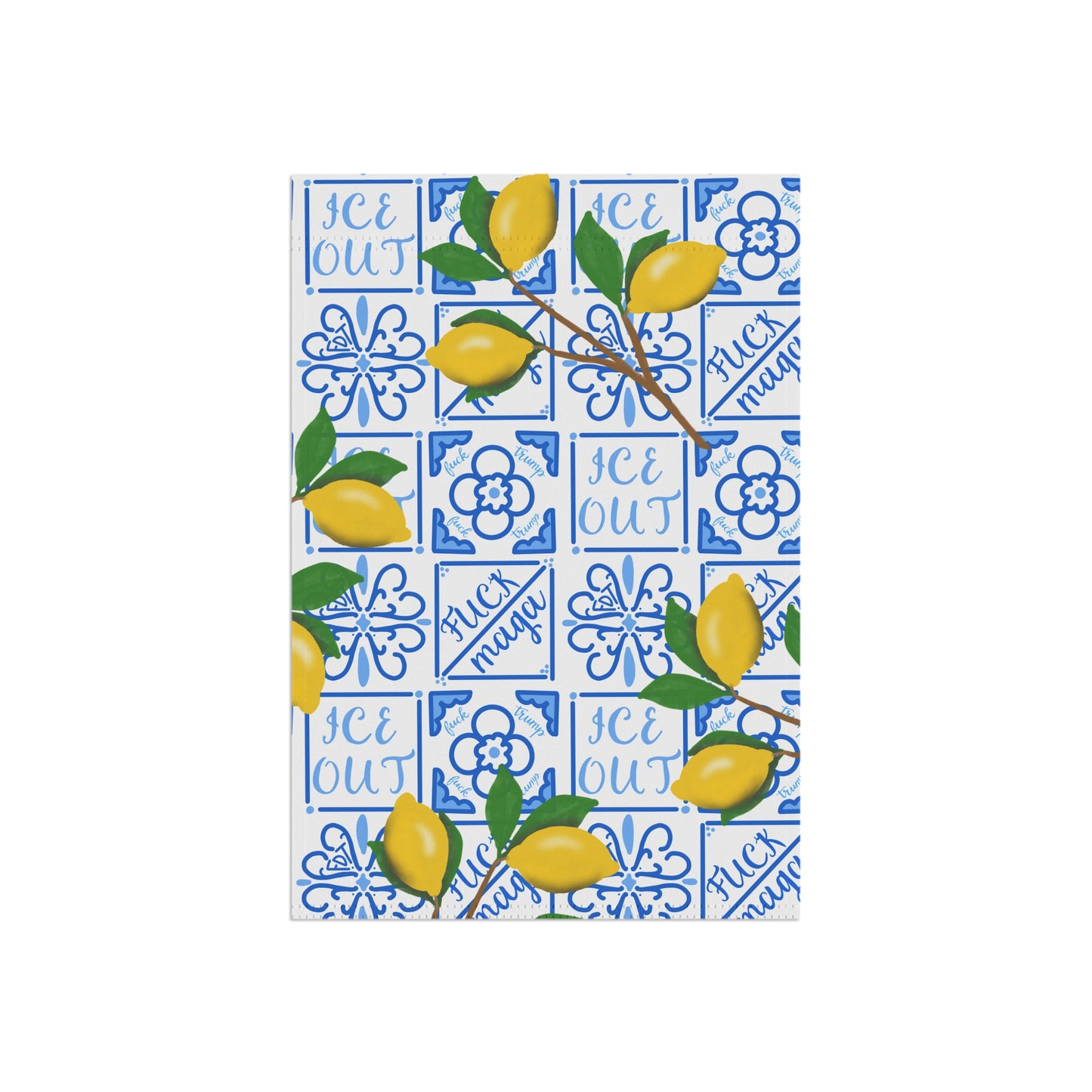 Amalfi Lemon Blue Tile Wreath Garden Flag | Mediterranean Decor House Banner