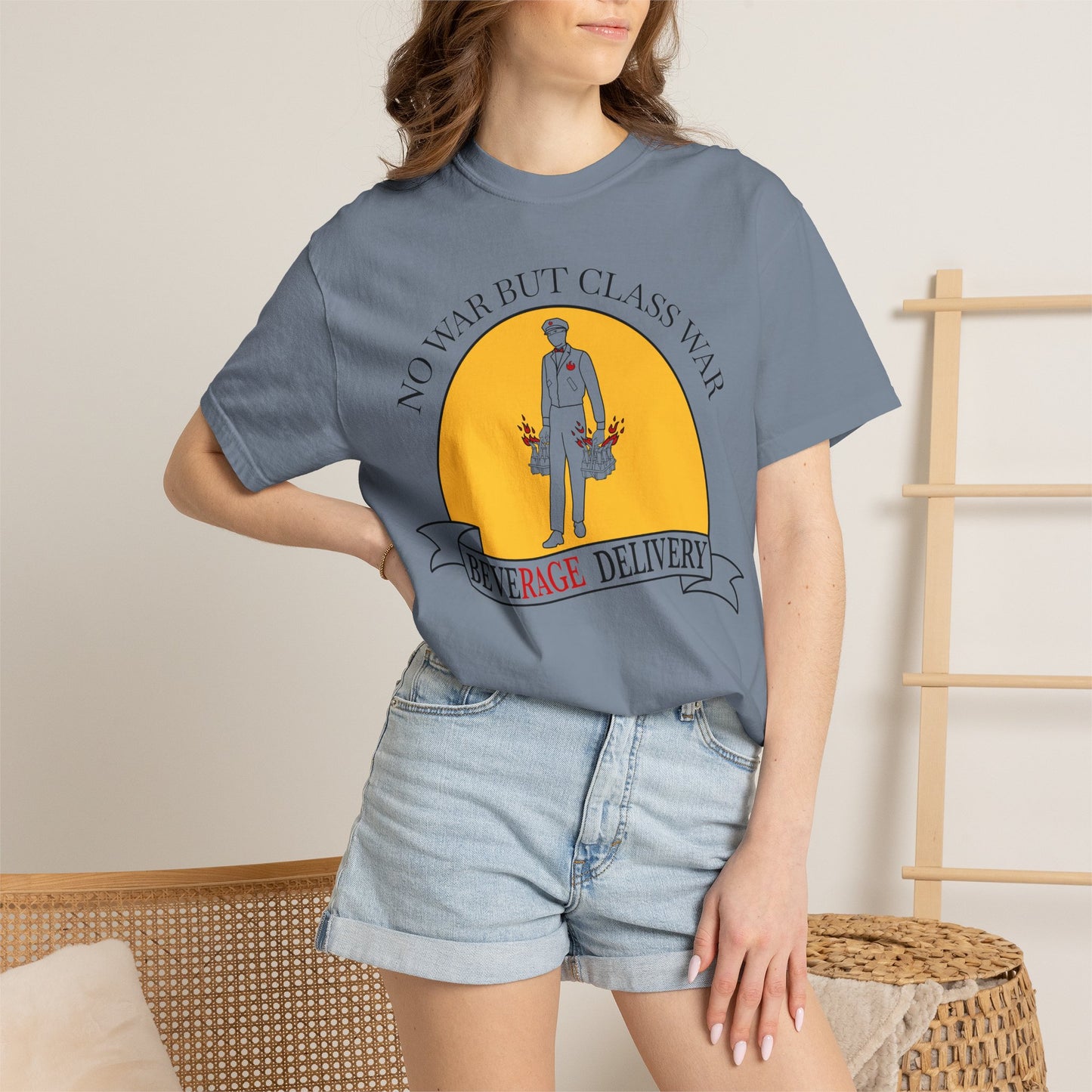 No War But Class War Beverage Delivery T-shirt | Delivery Worker Illustration