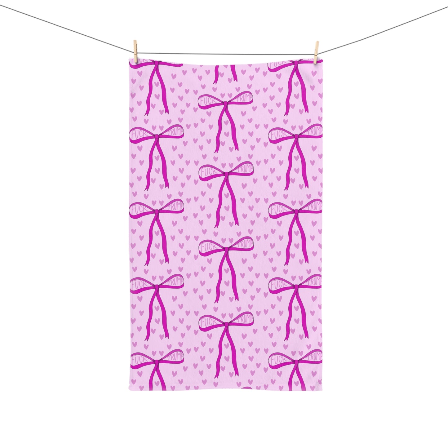 Slightly Subtle Pink Bow Pattern Hand Towel | Hearts, Cute Ribbon Design Valentines Day Gift