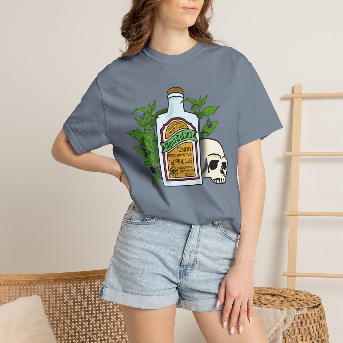 Skull & Remedy Bottle T-Shirt Aqua Tofana Vintage Apothecary Graphic Tee