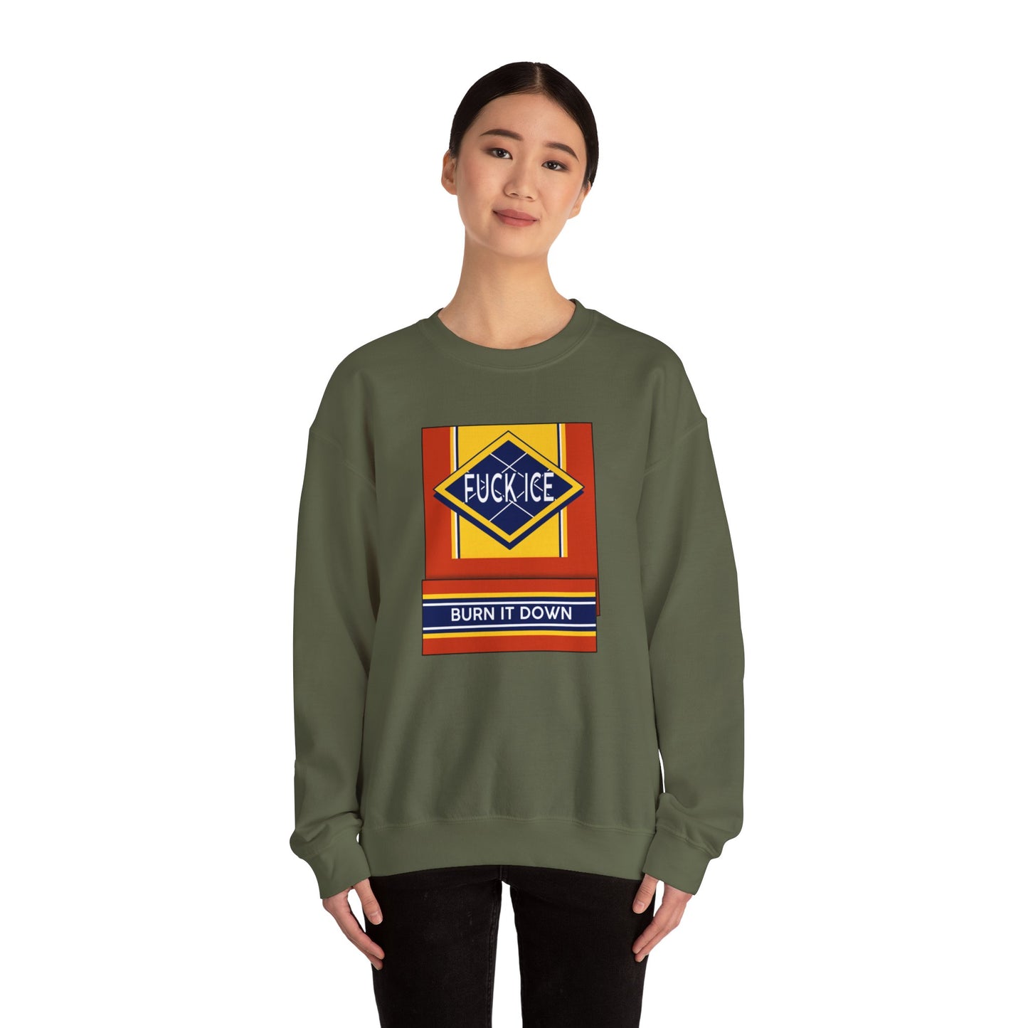 Matchbook graphic crewneck sweatshirt | Burn It Down design, protest slogan