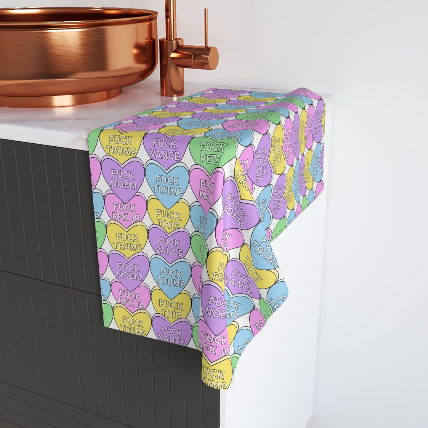 Slightly Subtle Conversation Heart Pattern Hand Towel | Pastel Candy Hearts with Messages