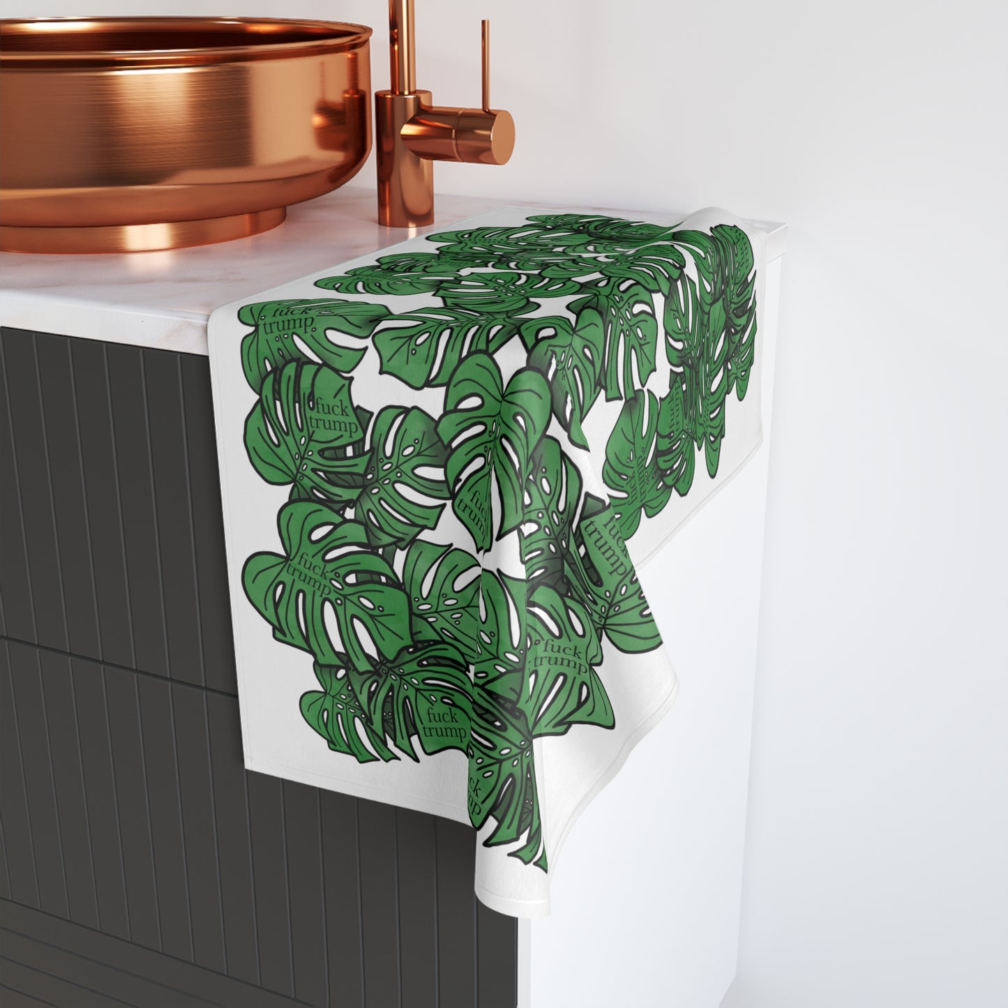 Slightly Subtle Tropical Monstera White Hand Towel, Botanical Kitchen Bathroom Decor, Leafy Print Towel, Gift for Plant Lovers, Political Gag Gift