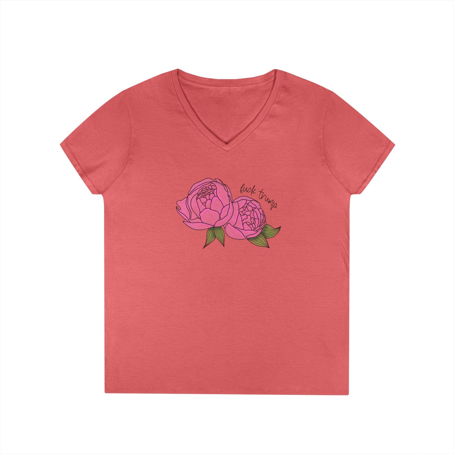 Pink Peony Illustration Ladies V-Neck Tee | Hand-Drawn Floral FDT