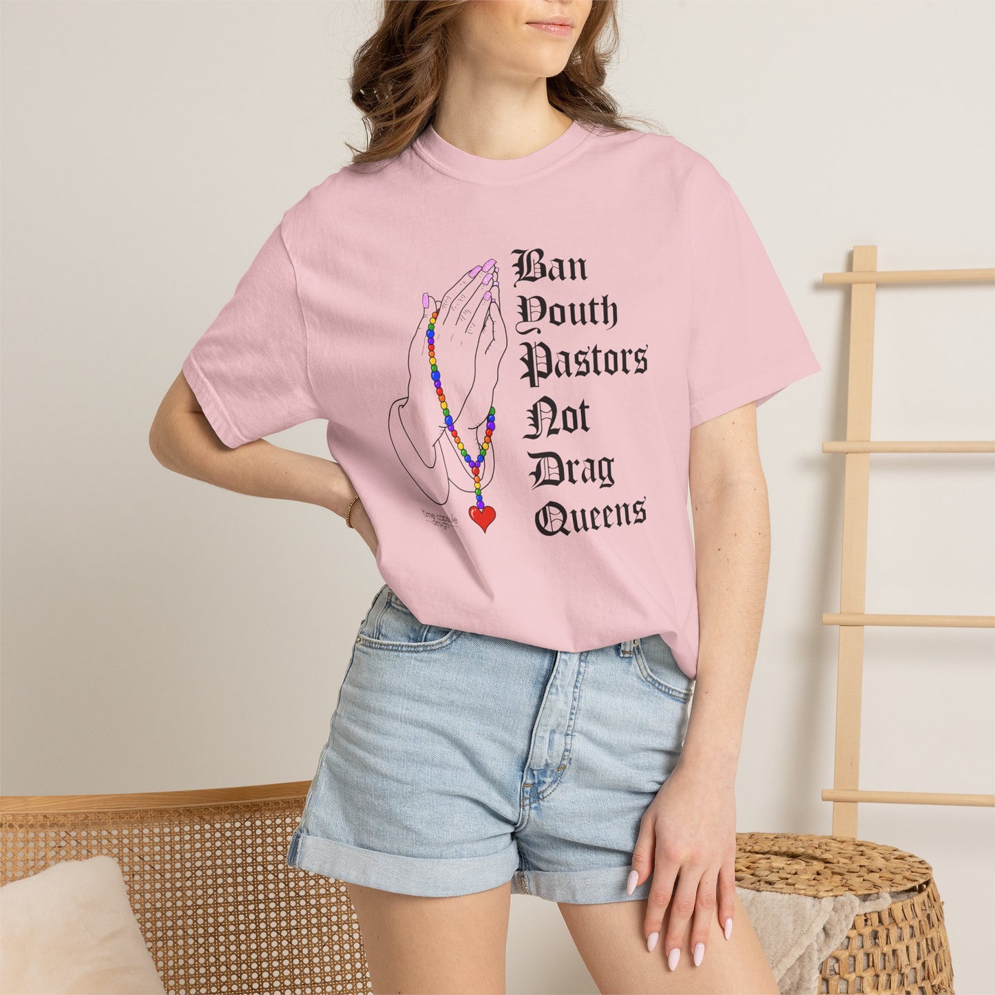 Ban South Pastors Not Drag Queens T-Shirt — Prayer Hands with Rainbow Rosary LGBTQ+ Ally Tee