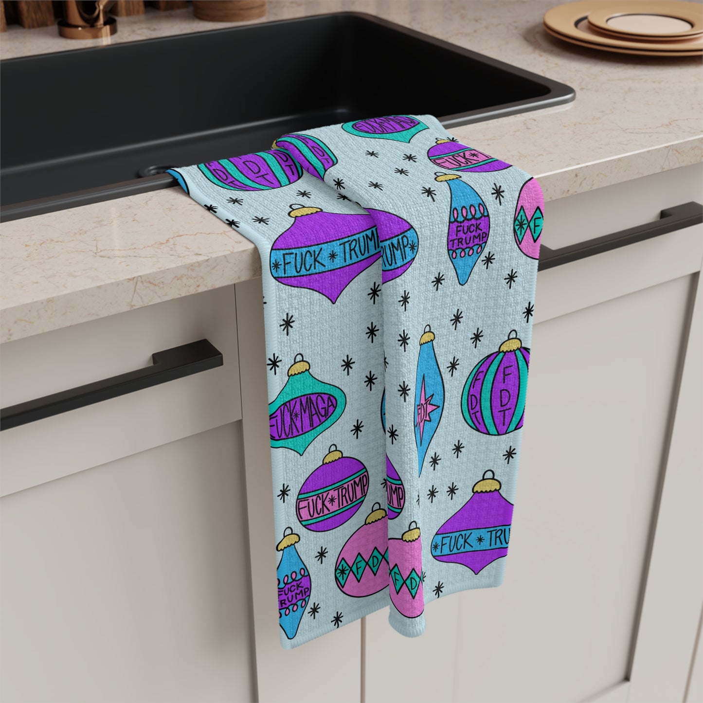 Retro Holiday Ornament Microfiber Tea Towel FDT Mid-Century Modern Christmas Kitchen Decor