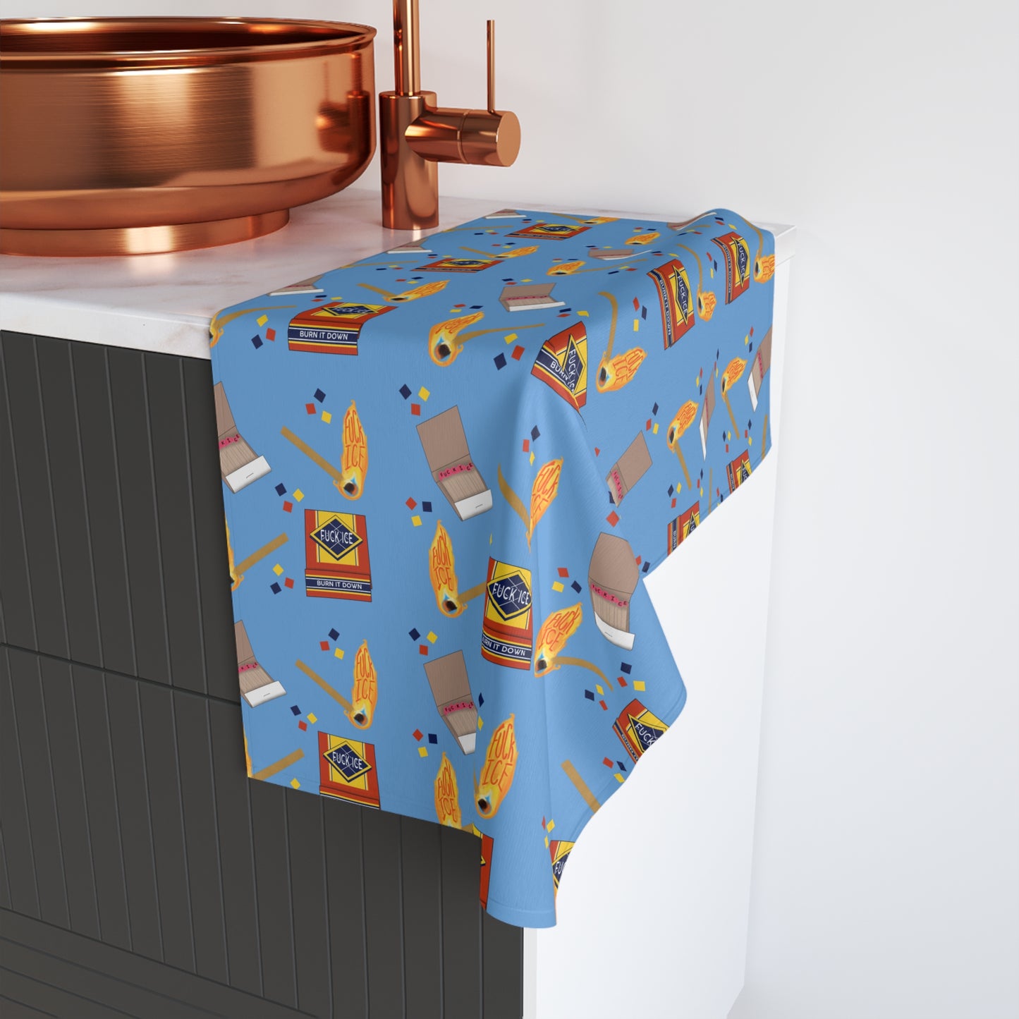 Slightly Subtle Matchbox and Burning Match Pattern Hand Towel | Retro Fire Matches Design