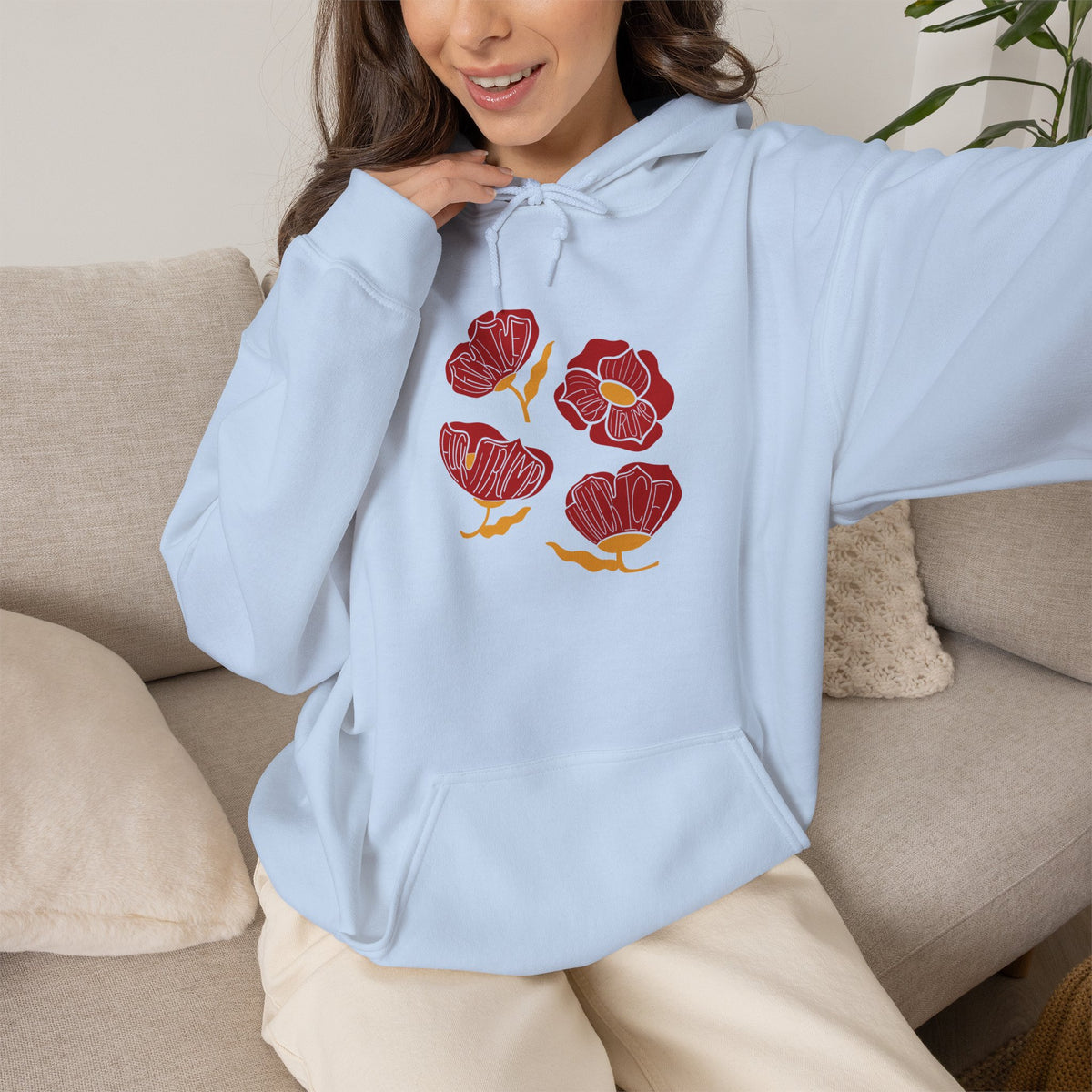 Slightly Subtle Red Poppy Flowers Hoodie | Floral Illustration, Minimal Line Art FDT