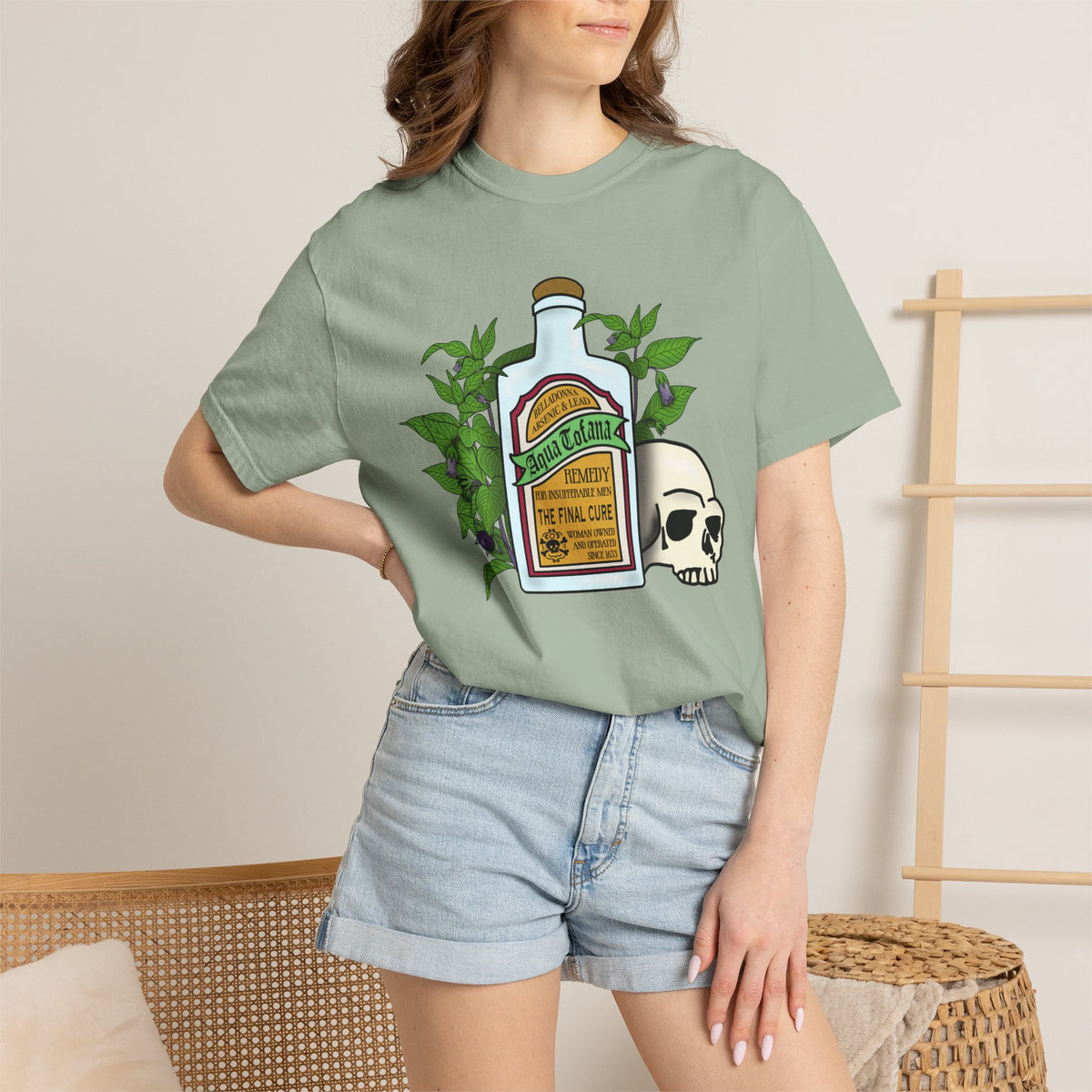 Skull & Remedy Bottle T-Shirt Aqua Tofana Vintage Apothecary Graphic Tee