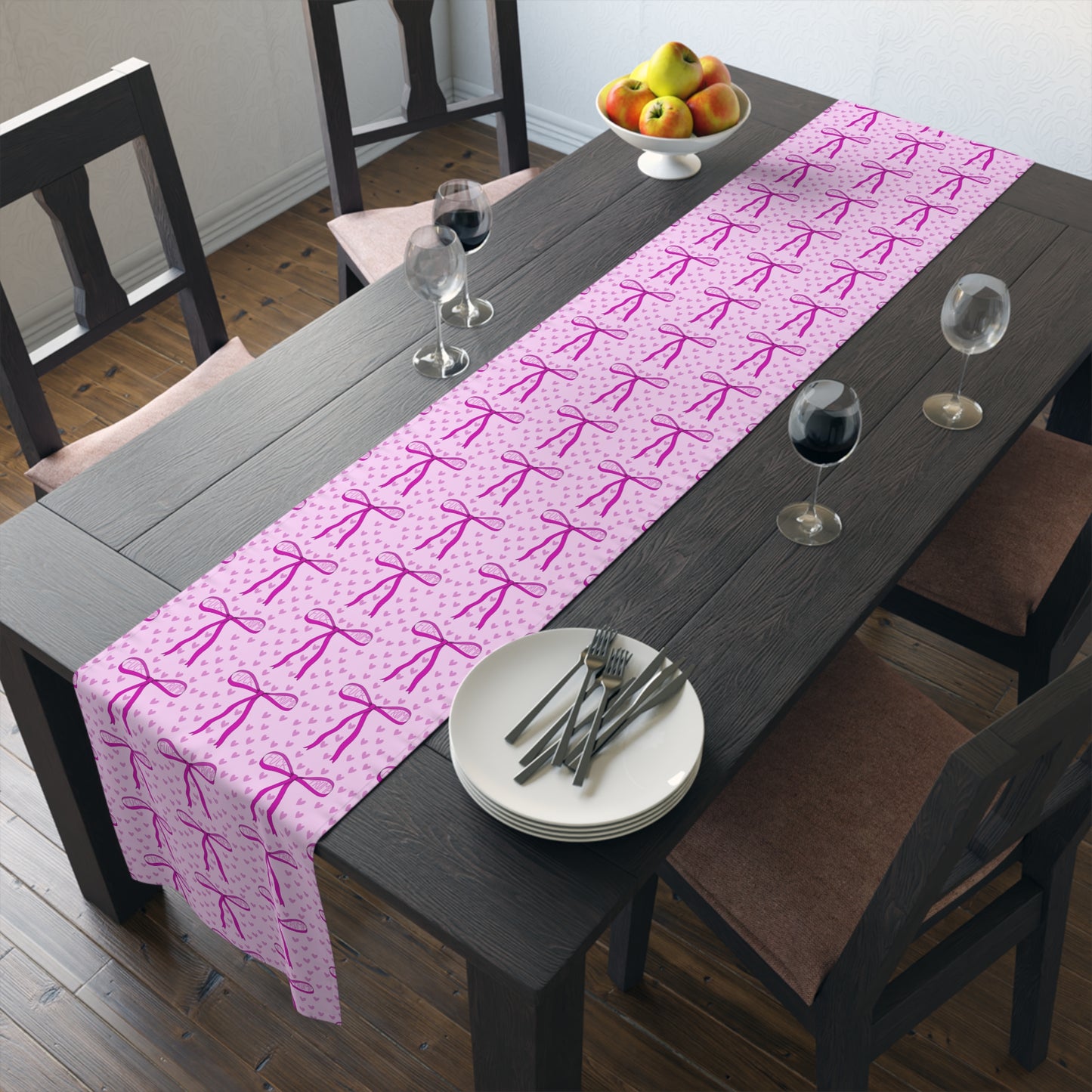 Slightly Subtle Pink Bow Pattern Table Runner | Valentine Hearts Cotton-Poly Table Decor