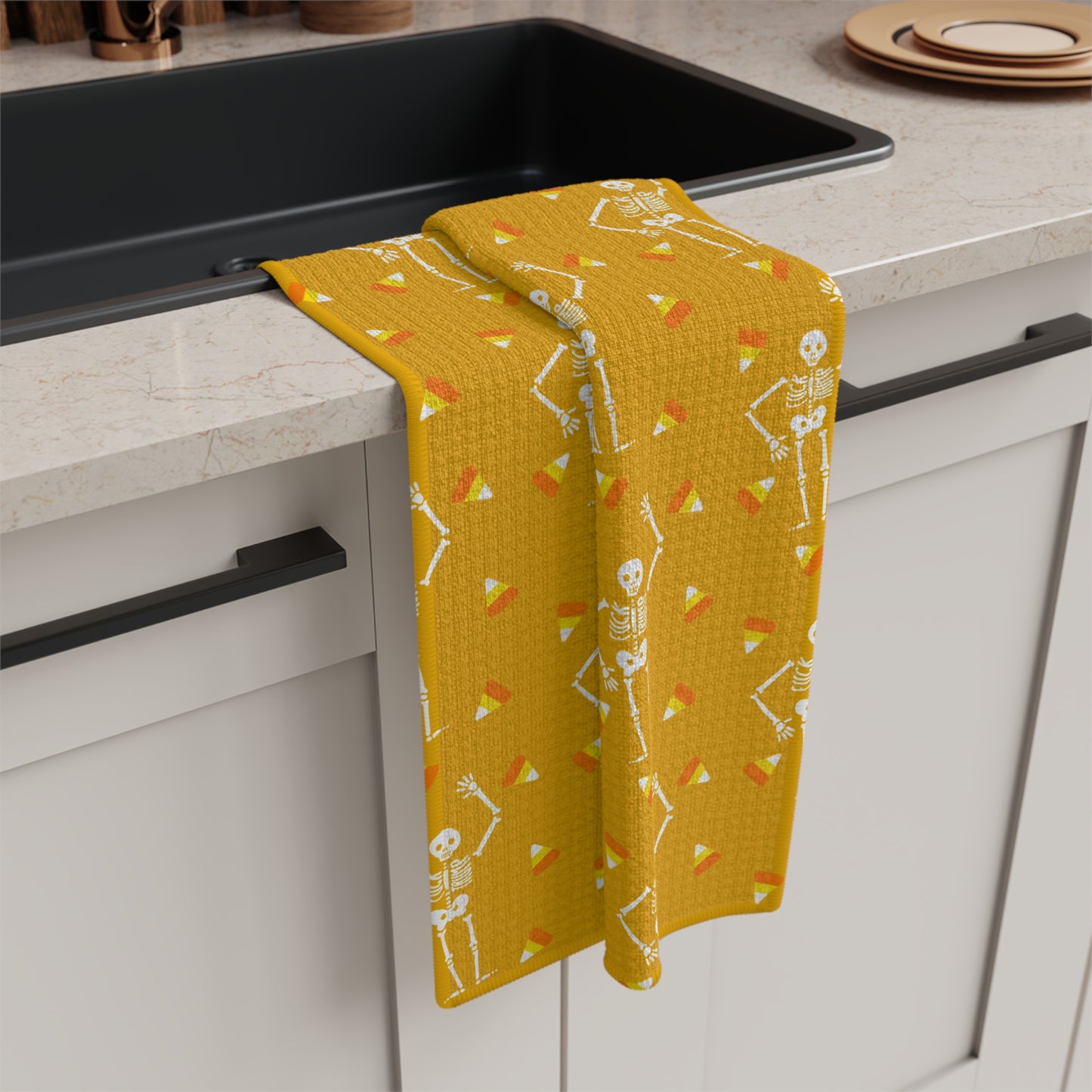 Halloween Skeleton & Candy Corn Microfiber Tea Towel Yellow