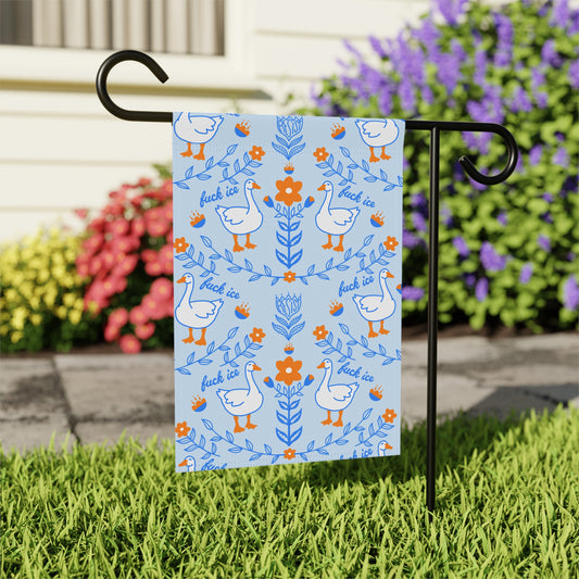 Blue Floral Goose Pattern 'fuck ice' garden flag