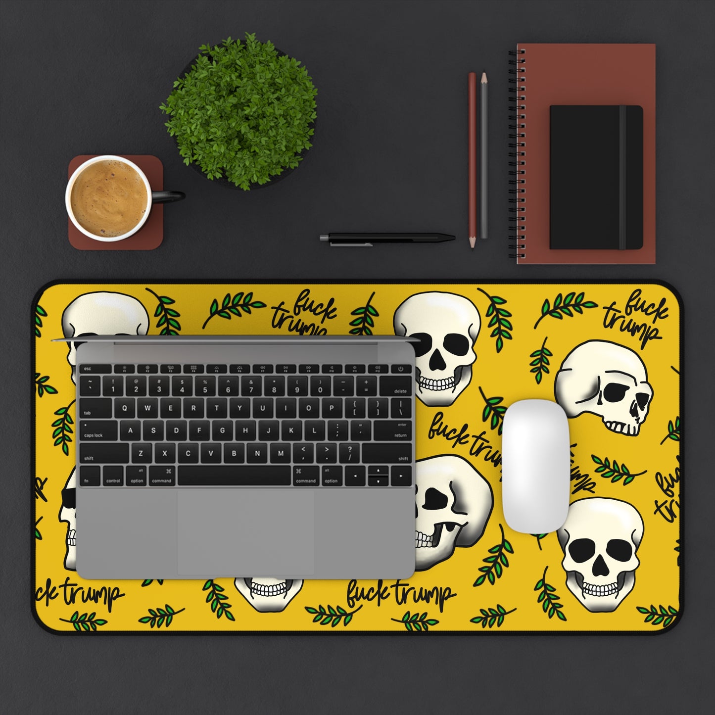 Slightly Subtle Skull Pattern Desk Mat | Skulls on Mustard Background Pet Mat