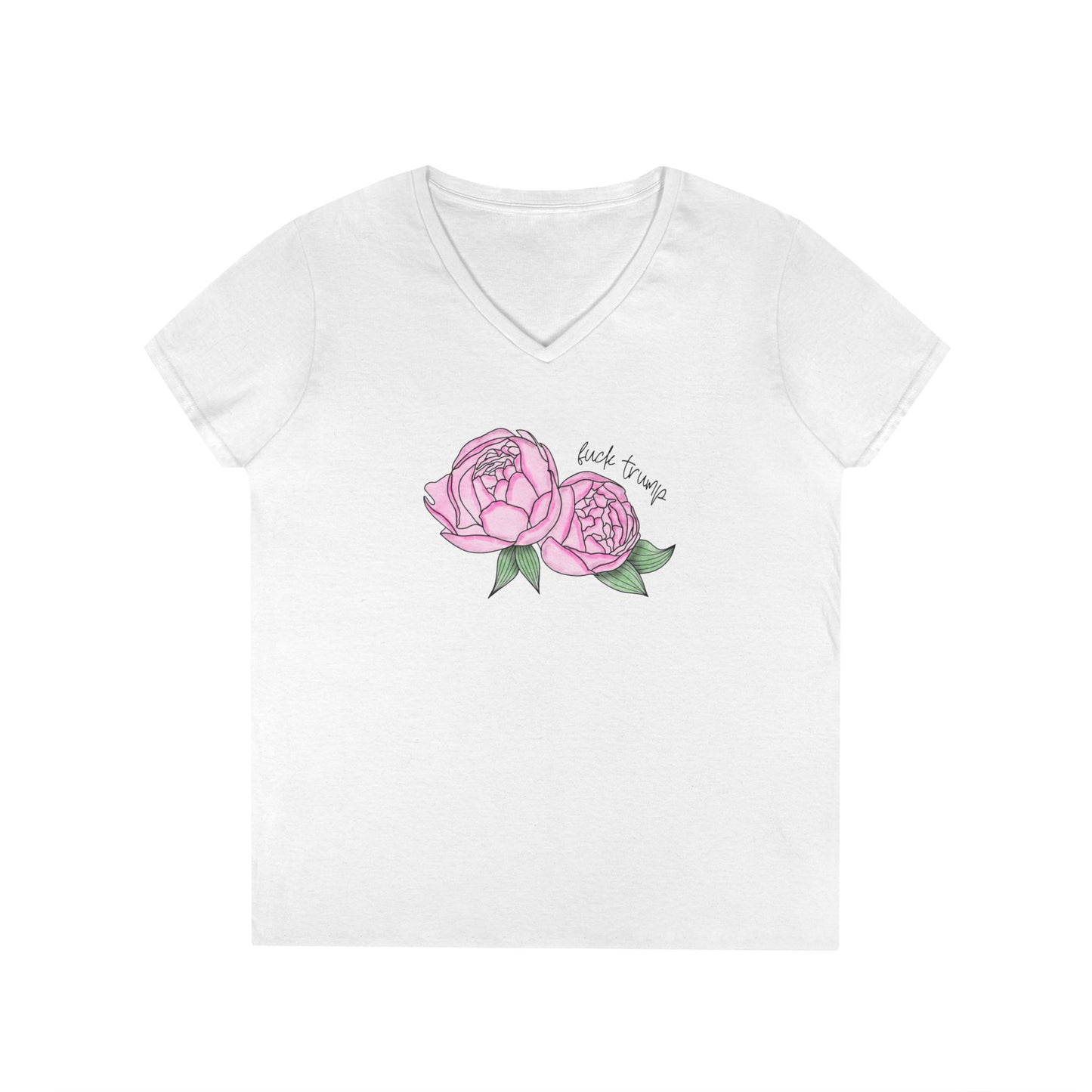 Pink Peony Illustration Ladies V-Neck Tee | Hand-Drawn Floral FDT