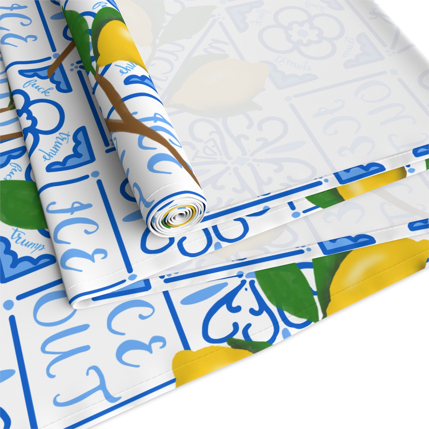 Amalfi Lemon and Blue Tile Pattern Table Runner | Mediterranean Ceramic Blue Motif, Cotton-Poly Blend