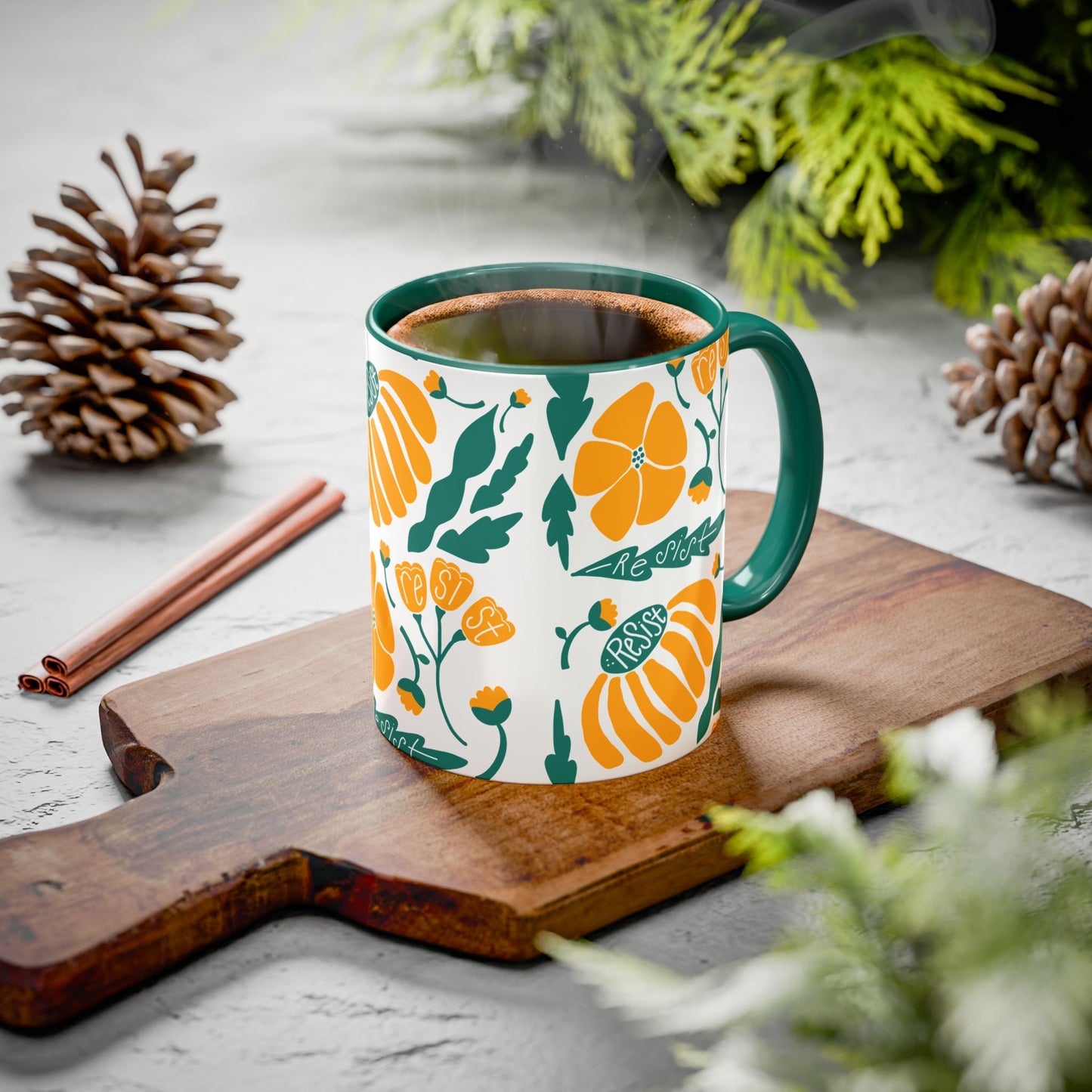 Resist Floral Ceramic Mug — Orange & Teal 11oz/15oz