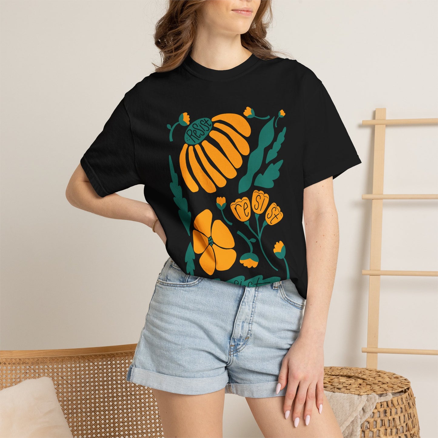 Floral Resist Tee — Retro Orange & Green Autumn Graphic T-Shirt