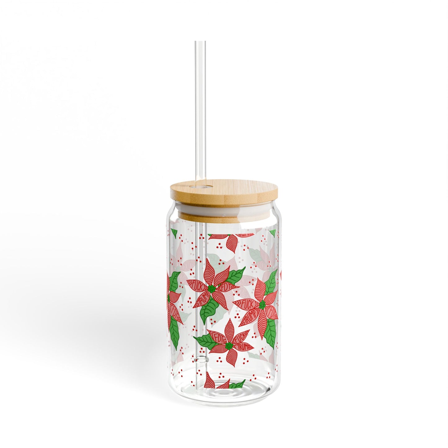 Slightly Subtle Poinsettia Pattern Sipper Glass | 16oz Holiday Floral Drinkware