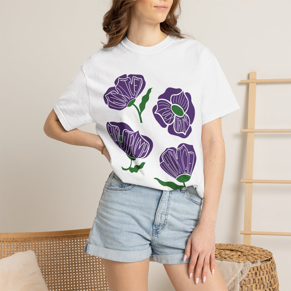 Slightly Subtle Purple Poppy Floral Print T-shirt | Hand-Drawn Flower Illustration FDT