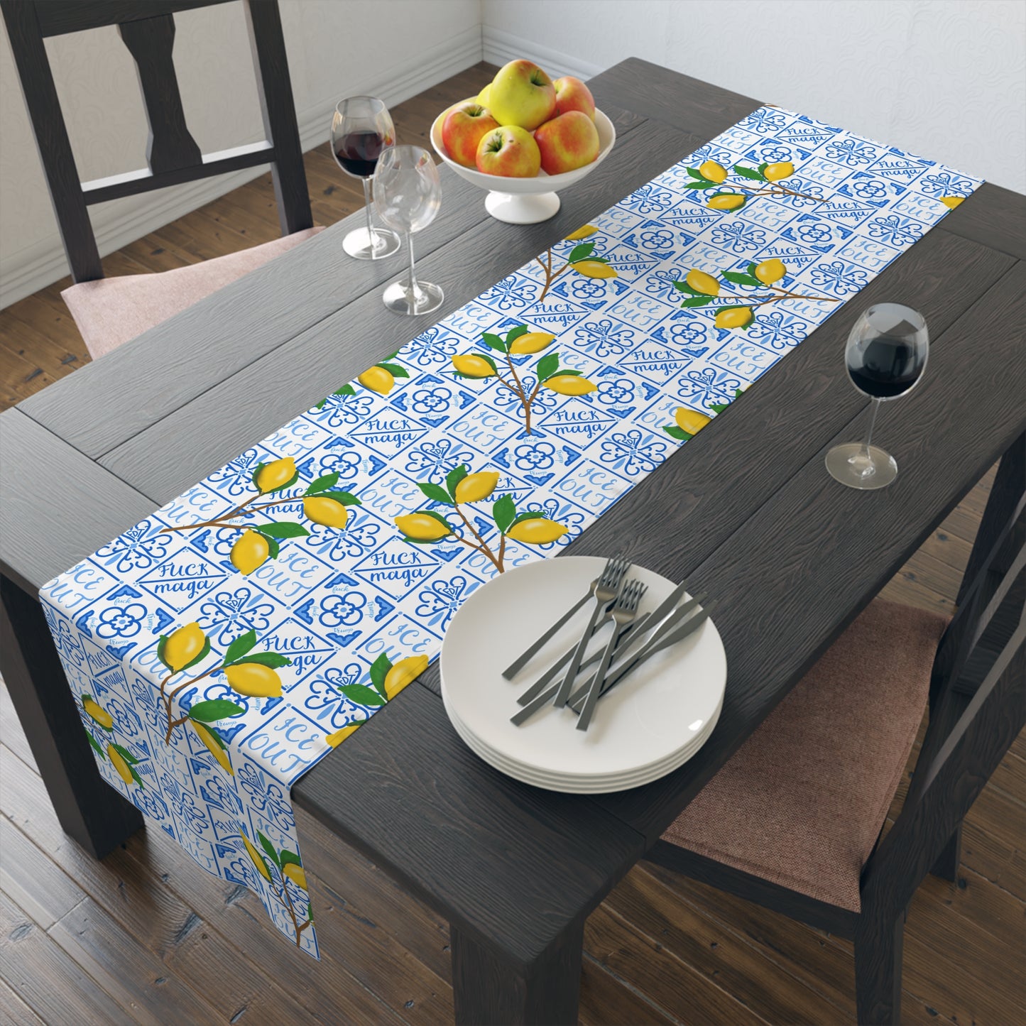 Amalfi Lemon and Blue Tile Pattern Table Runner | Mediterranean Ceramic Blue Motif, Cotton-Poly Blend