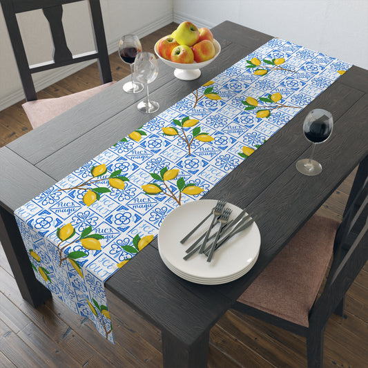Amalfi Lemon and Blue Tile Pattern Table Runner | Mediterranean Ceramic Blue Motif, Cotton-Poly Blend