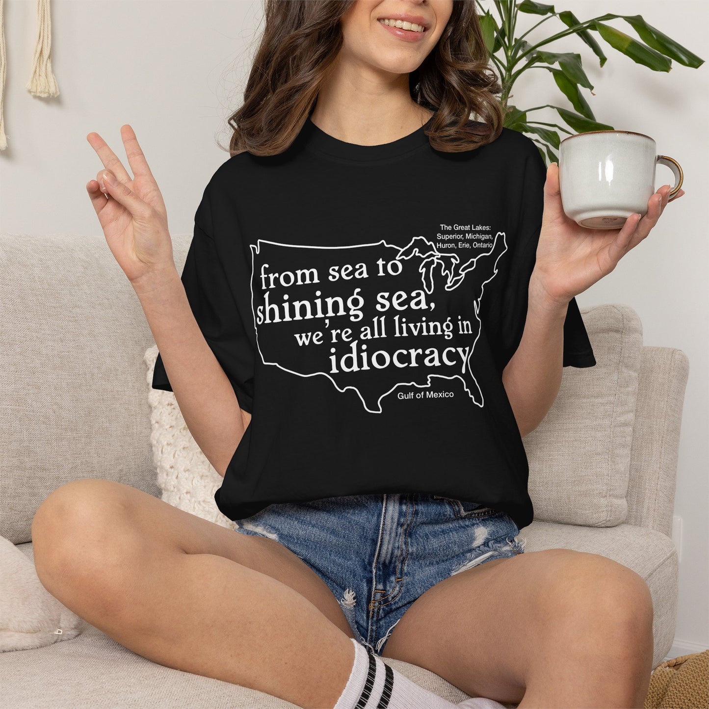Idiocracy Map T-Shirt  'From sea to shining sea we are living in idiocracy' Minimal Political Tee Great Lakes Gulf of Mexico