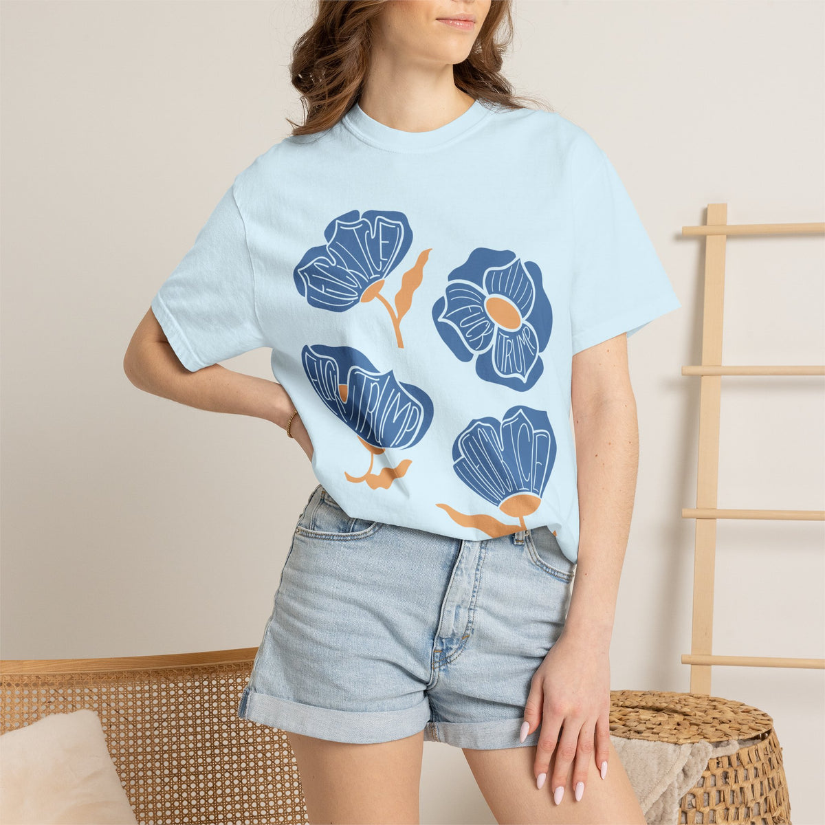 Slightly Subtle Blue Poppy Flowers T-Shirt | Floral Illustration Tee